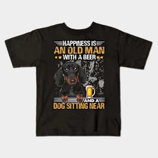 Happiness Is An Old Man With A Beer And A Dachshund Sitting Near Kids T-Shirt